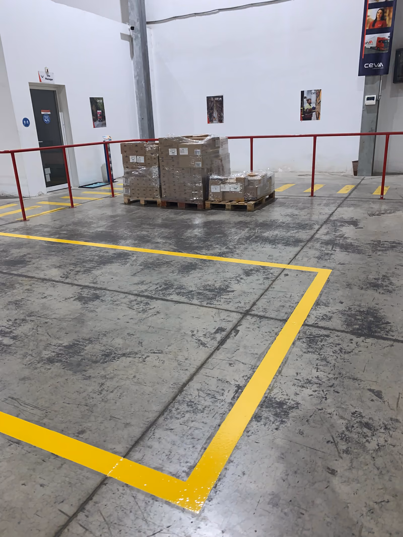 CEVA Logistics : Angle de zone de stockage tracé en jaune près des palettes