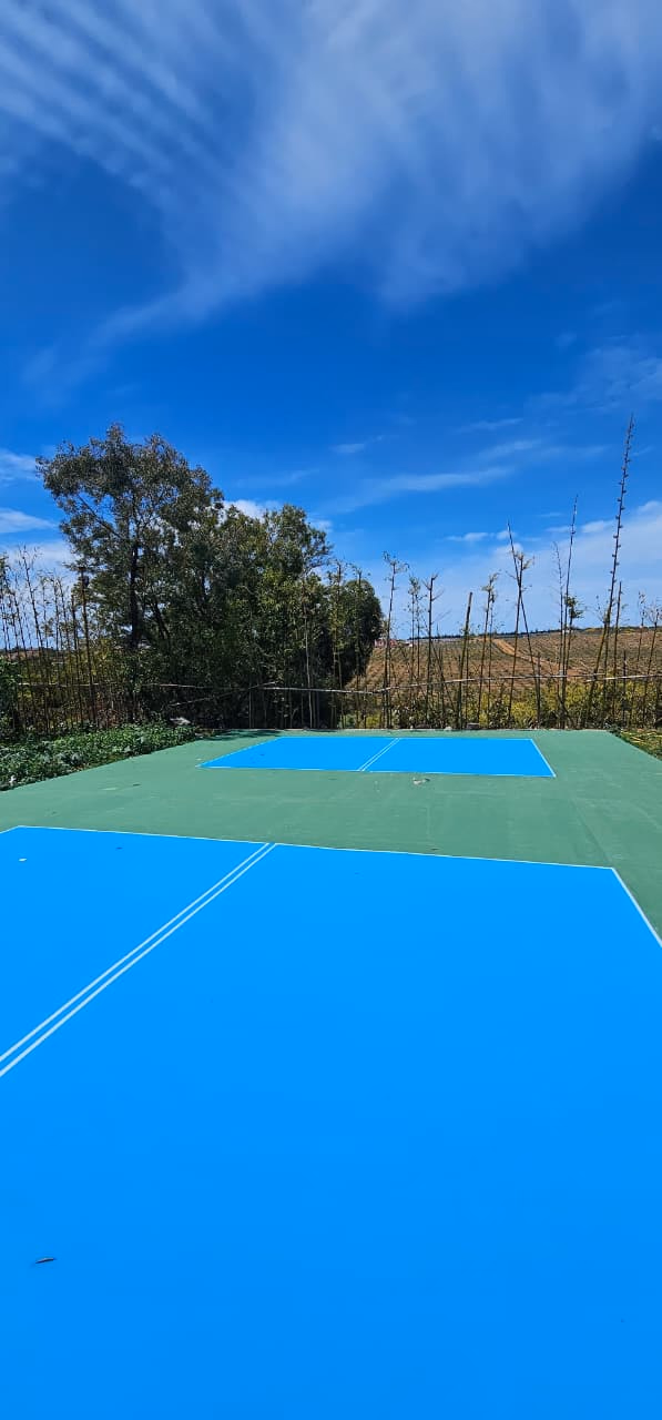 Court sportif acrylique bleu et vert sous un ciel dégagé
