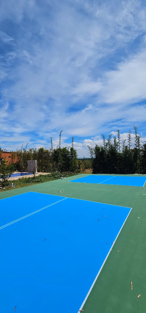 Terrain acrylique vert et bleu fraîchement tracé sous un ciel nuageux
